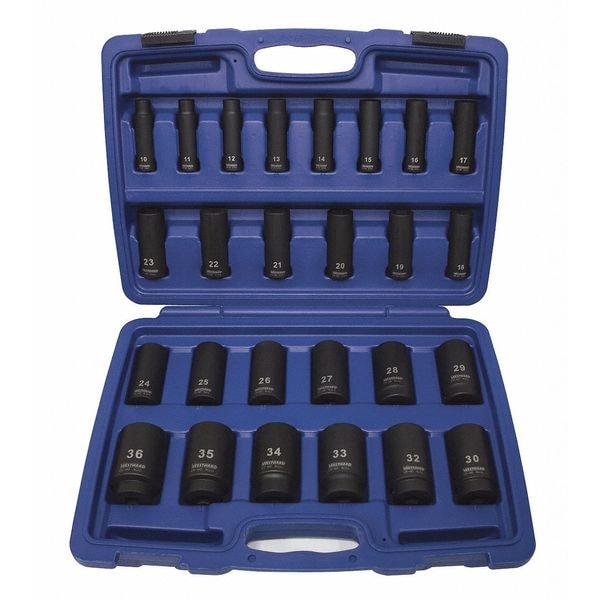 Westward Impact Socket Set, 1/2 in Drive, Metric, Black Oxide, 26-Piece - 4PRG7