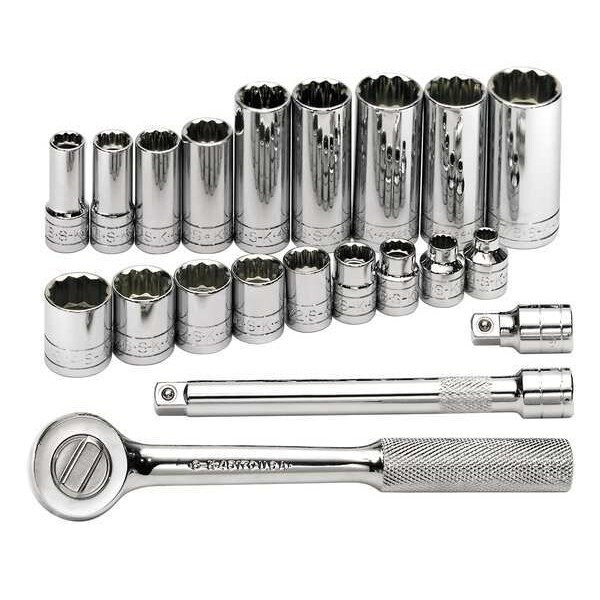 Sk Professional Tools 3/8" Drive Ratchet/Socket Set, SAE, 21pcs, Skt Wrch St, Chrm, 12Pt, 1/4 - 7/8 in - 4551