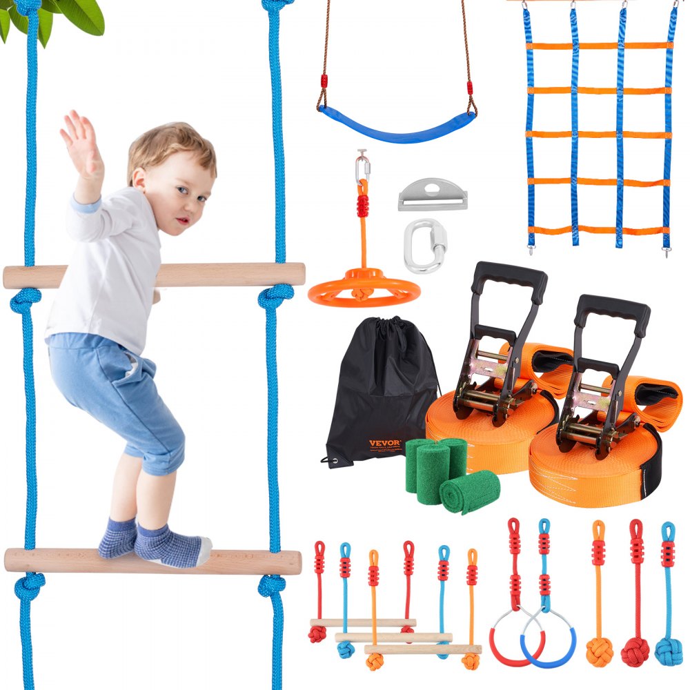 VEVOR Ninja Warrior Obstacle Course for Kids, 2 x 56 ft Weatherproof Slacklines, 500lbs Weight Capacity Monkey Line, Outdoor Playset Equipment, Backyard Toys Training Equipment Set with 12 Obstacles - RZX562YC11J0F2X1FV0
