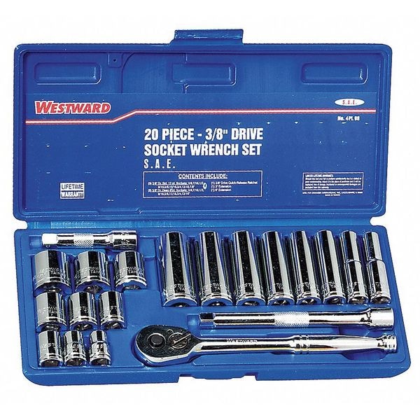 Westward 3/8 in Drive Socket Wrench Set SAE 20 Pieces 3/8 in to 7/8 in , Chrome - 4PL98