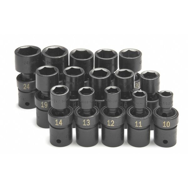 Sk Professional Tools 1/2" Drive Impact Socket Set, Metric, 15 pcs, Finish: black oxide - 34350
