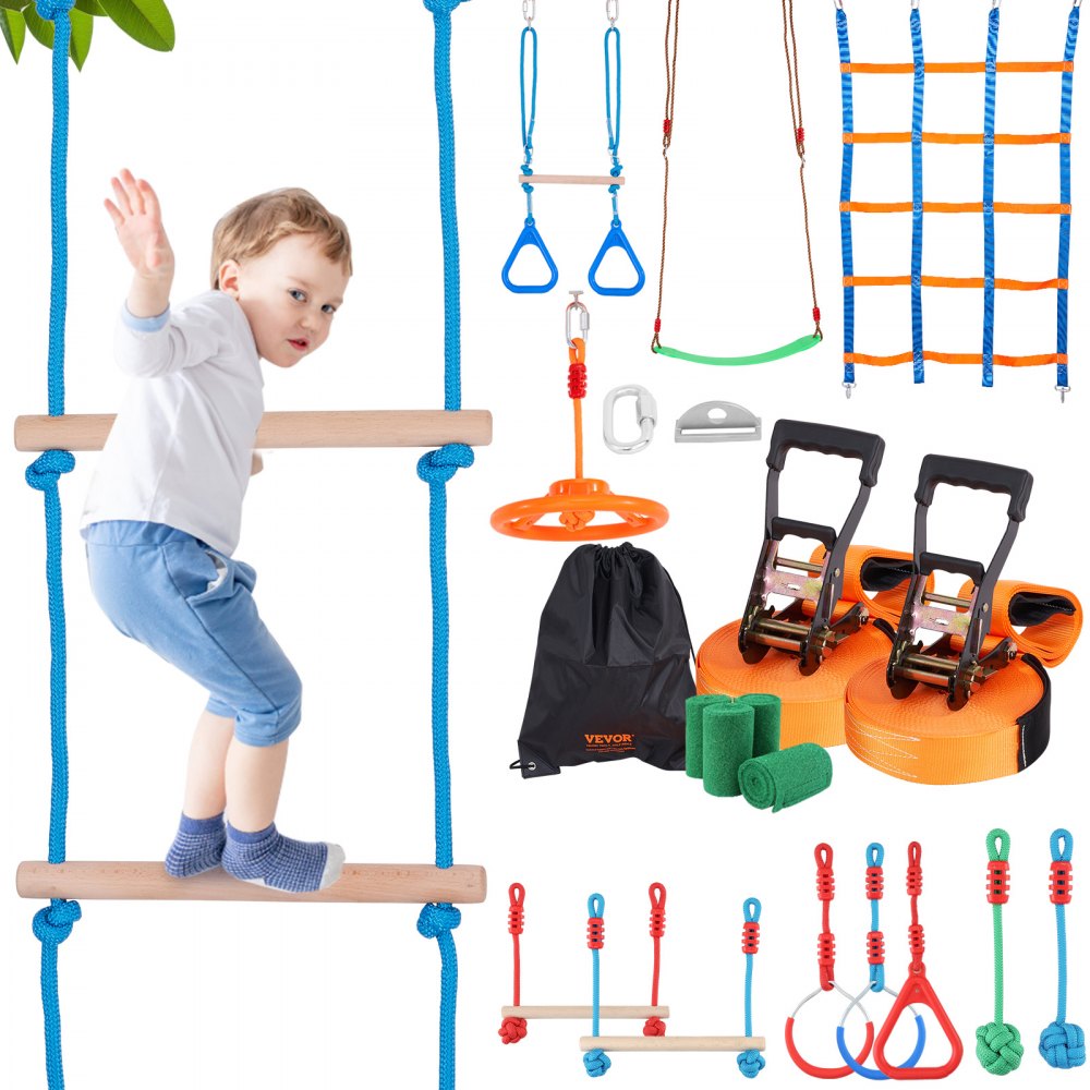 VEVOR Ninja Warrior Obstacle Course for Kids, 2 x 65 ft Weatherproof Slacklines, 500lbs Weight Capacity Monkey Line, Outdoor Playset Equipment, Backyard Toys Training Equipment Set with 12 Obstacles - RZX652YC12J04XE08V0