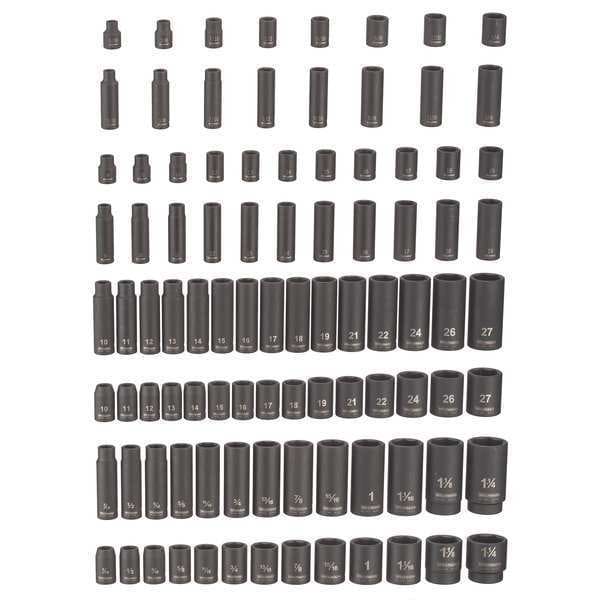 Westward 3/8 in, 1/2 in Drive Impact Socket Set, SAE/Metric, Black Oxide, 94-Piece - 45KG81