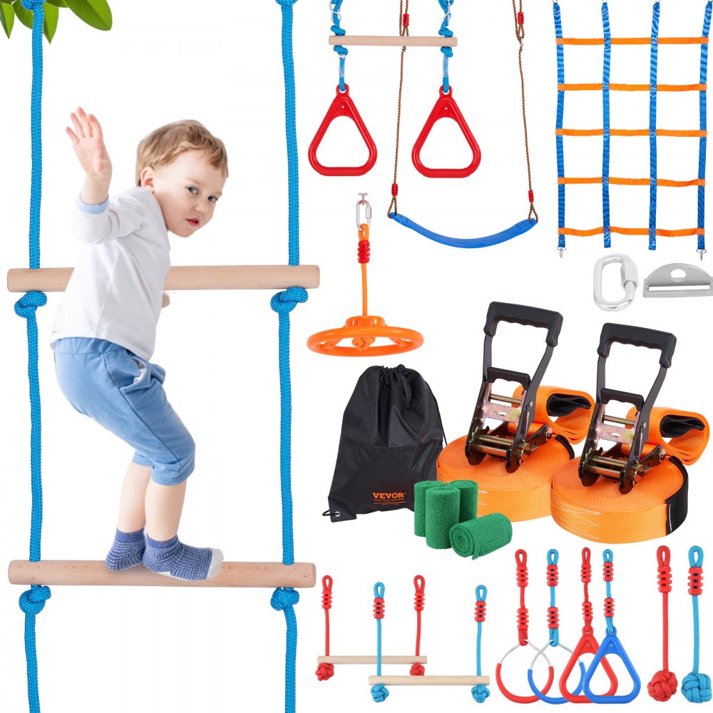 VEVOR Ninja Warrior Obstacle Course for Kids, 2 x 60 ft Weatherproof Slacklines, 500lbs Weight Capacity Monkey Line, Outdoor Playset Equipment, Backyard Toys Training Equipment Set with 14 Obstacles - RZX602YC14J0XSOTOV0