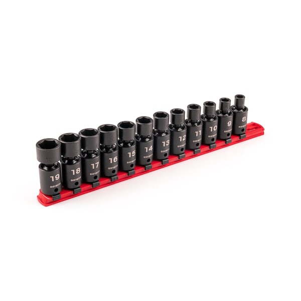 Tekton 3/8 Inch Drive 6-Point Universal Joint Impact Socket Set with Rail, 12-Piece 8-19 mm - SID97102