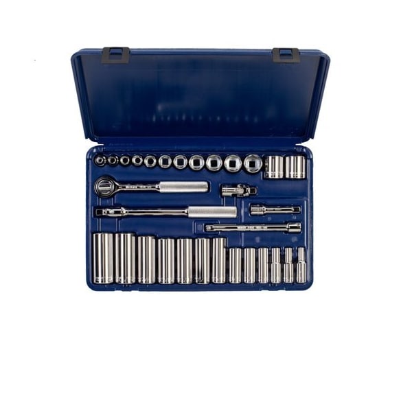 Wright Tool 3/8 in. Drive 31 Piece Blow Mold Case Set, 6 Point Standard & Deep Sockets, 1/4 in., 1 in., Ratchet - 339-MC