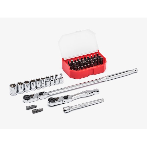 Kd Tools 1/4" Drive 72 Geared Teeth Slim Slim Head Ratchet Set, 45 pcs., Full Polish Chrome - 81032