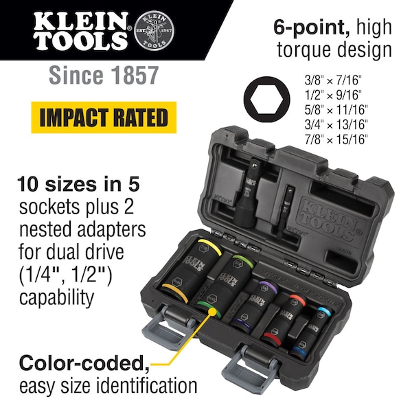 Klein Tools 1/4" Hex, 1/2" Square; 3/8 x 7/16", 1/2 x 9/16", 5/8 x 11/16", 3/4 x 13/16", and 7/8 x 15/16" Drive - 66070