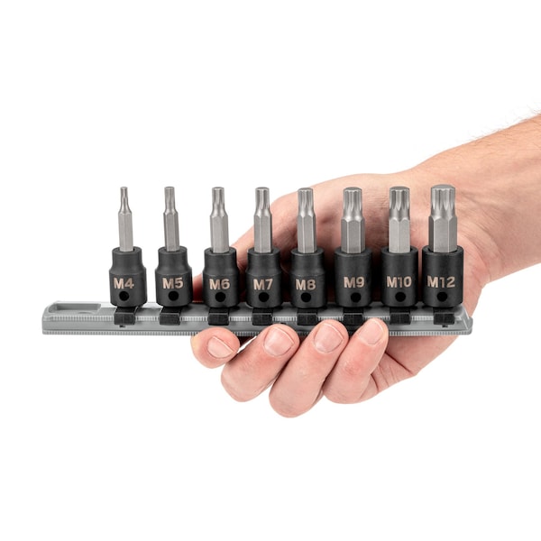 Tekton 3/8 Inch Drive Triple Square Impact Bit Socket Set with Rail, 8-Piece (M4 - M12) - SIB91104