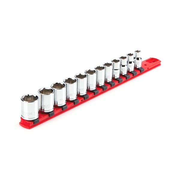 Tekton 3/8 Inch Drive 6-Point Socket Set with Rail, 12-Piece (8-19 mm) - SHD91102