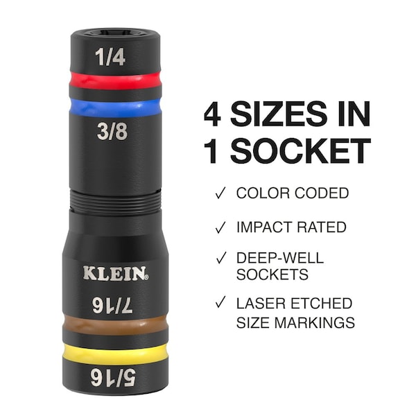 Klein Tools KNECT Quad-24 Heavy-Duty Impact Flip Sockets, SAE and Metric, 6-Piece - 656QS