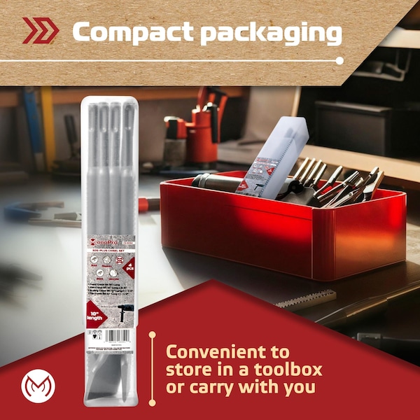 Monopro SDS Plus Chisel Set for Rotary Hammer Drills, 4pcs, Point, Flat, Scaling, Tile Chisels, 40Cr Steel - CS-SDS4