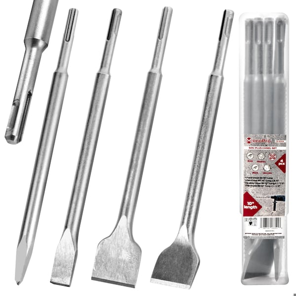 Monopro SDS Plus Chisel Set for Rotary Hammer Drills, 4pcs, Point, Flat, Scaling, Tile Chisels, 40Cr Steel - CS-SDS4