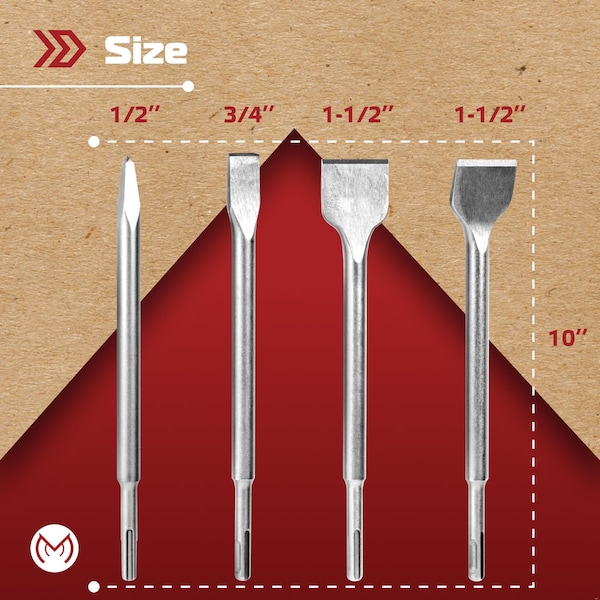 Monopro SDS Plus Chisel Set for Rotary Hammer Drills, 4pcs, Point, Flat, Scaling, Tile Chisels, 40Cr Steel - CS-SDS4