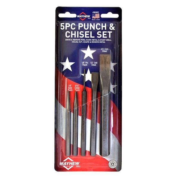 Mayhew Punch and Chisel Set, 5 -Piece, Alloy Steel, Black Oxide - 90402