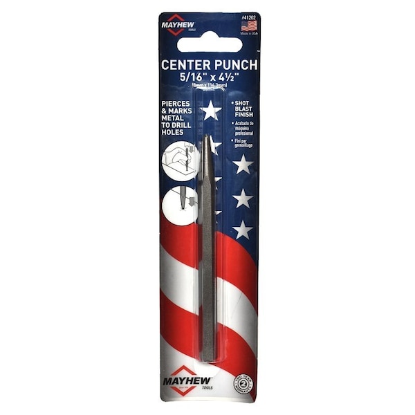 Mayhew Center Punch, 5/32 in Tip, 5-1/8 in L, 5/16 in Dia Shank - 41202