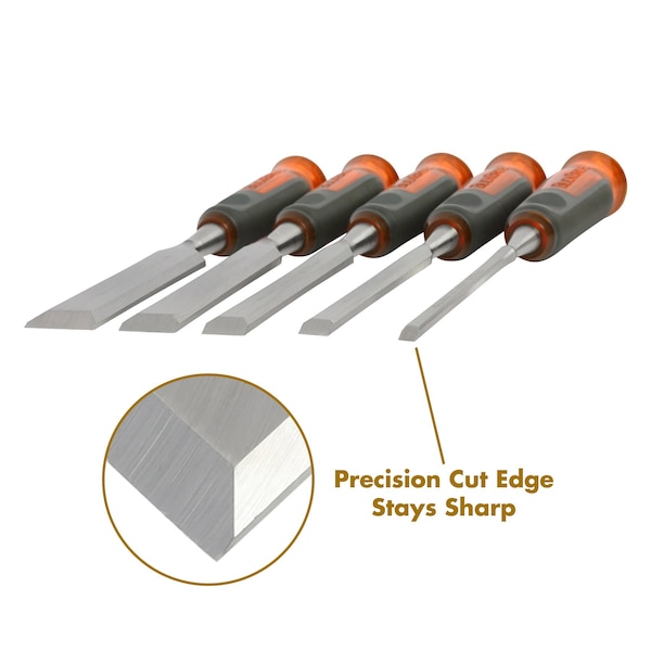 Buck Brothers 5 Piece Pro Full Tang Wood Chisel Set  1/4 in, 1/2 in, 3/4 in, 1 in - 74850