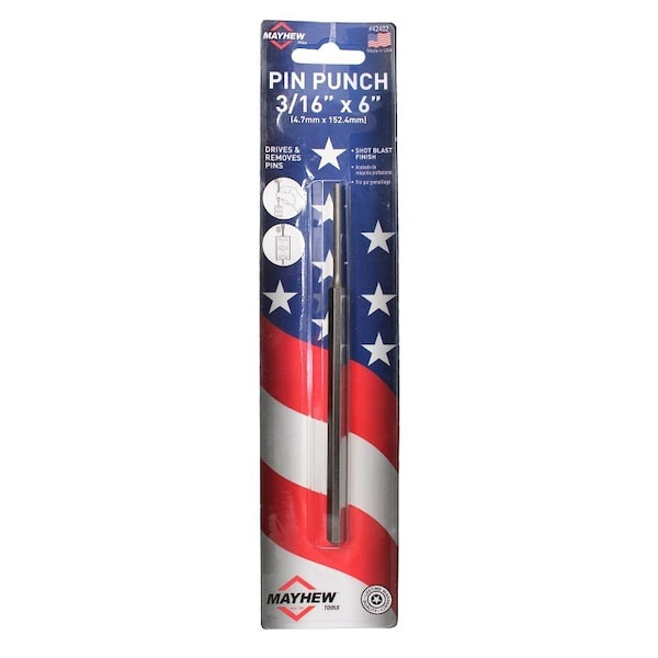 Mayhew Pin Punch, 3/16 in Tip, 6 in L, Hex Shank - 42402