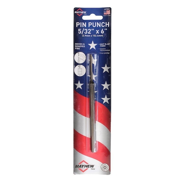 Mayhew Pin Punch, 5/32 in Tip, 6 in L, Hex Shank - 42302