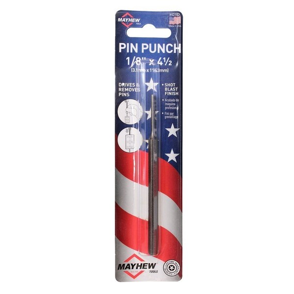 Mayhew Pin Punch, 1/8 in Tip, 4-1/2 in L, 1/4 in Dia Shank, Hex Shank - 42102
