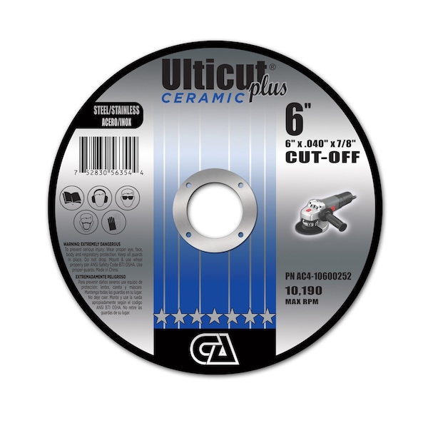 Rueda de corte reforzada doble de cerámica Ulticut Plus T27 de 6" x .040" x 7/8" para acero inoxidable - AC4-10600252 de Continental Abrasives.