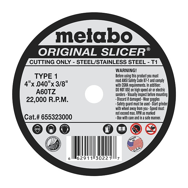 Rueda de corte Metabo, T1, A60TZ, 4"X0.040"X3/8" - 655323000