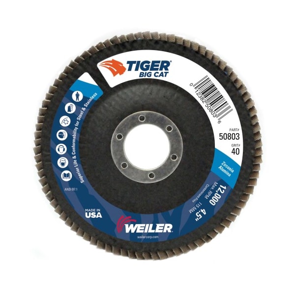 Weiler 4-1/2" Big Cat Abrasive Flap Disc, Plano (TY27), 40Z, 7/8" - 50803