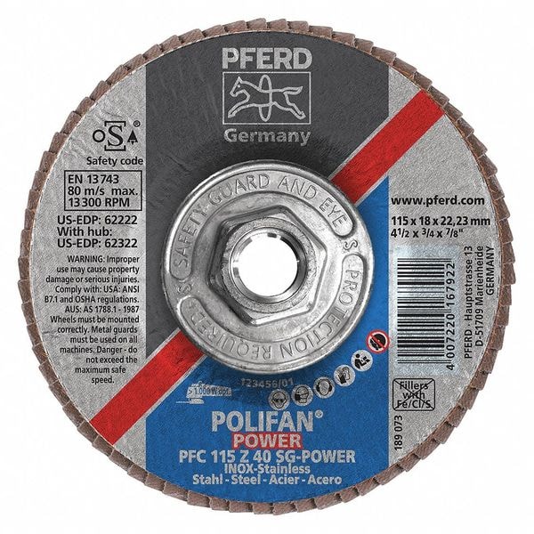 Pferd 4-1/2" x 5/8-11 Thd. Disco de láminas POLIFAN® - Z SG POWER STEELOX, Zirconia, 40 Granos, Cónico - 62322