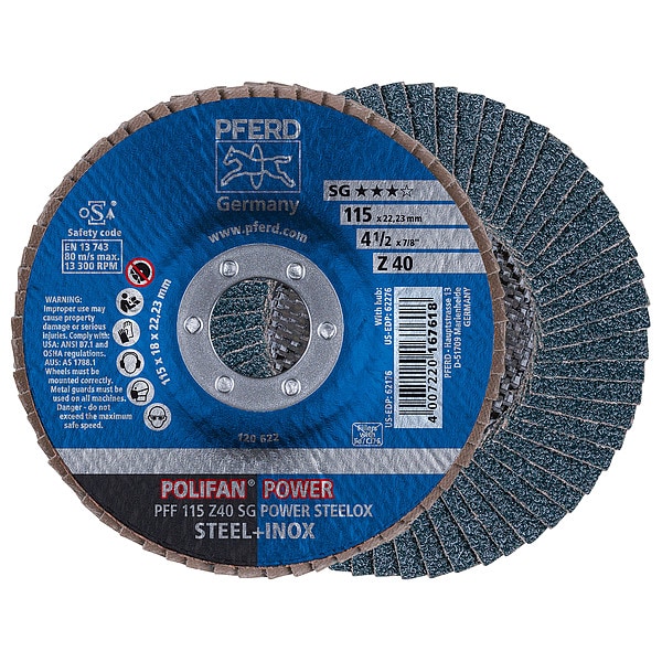 Pferd 4-1/2" x 7/8" A.H. POLIFAN® Disco de aletas - Z SG POWER STEELOX, Zirconia, 40 Grit, Plano - 62176