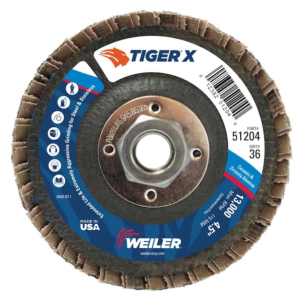 Disco de láminas con diseño cónico Weiler 4-1/2" Tiger X, (TY29), 36Z, 5/8"-11 UNC - 51204.