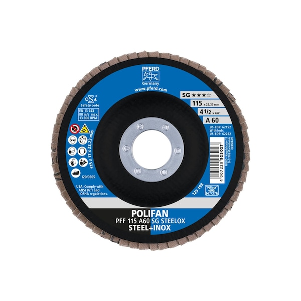 Pferd 4-1/2" x 7/8" A.H. Disco de láminas POLIFAN® - A SG STEELOX, Óxido de aluminio, 60 Granos, Plano - 62152