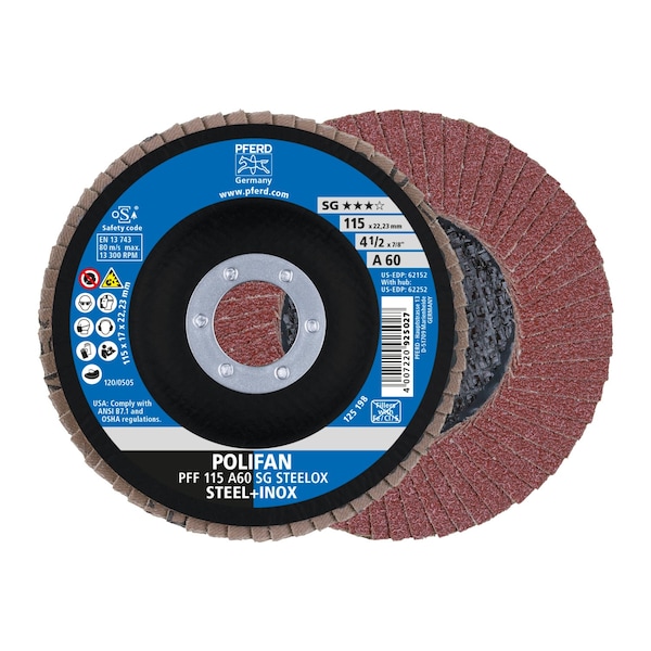 Pferd 4-1/2" x 7/8" A.H. Disco de láminas POLIFAN® - A SG STEELOX, Óxido de aluminio, 60 Granos, Plano - 62152