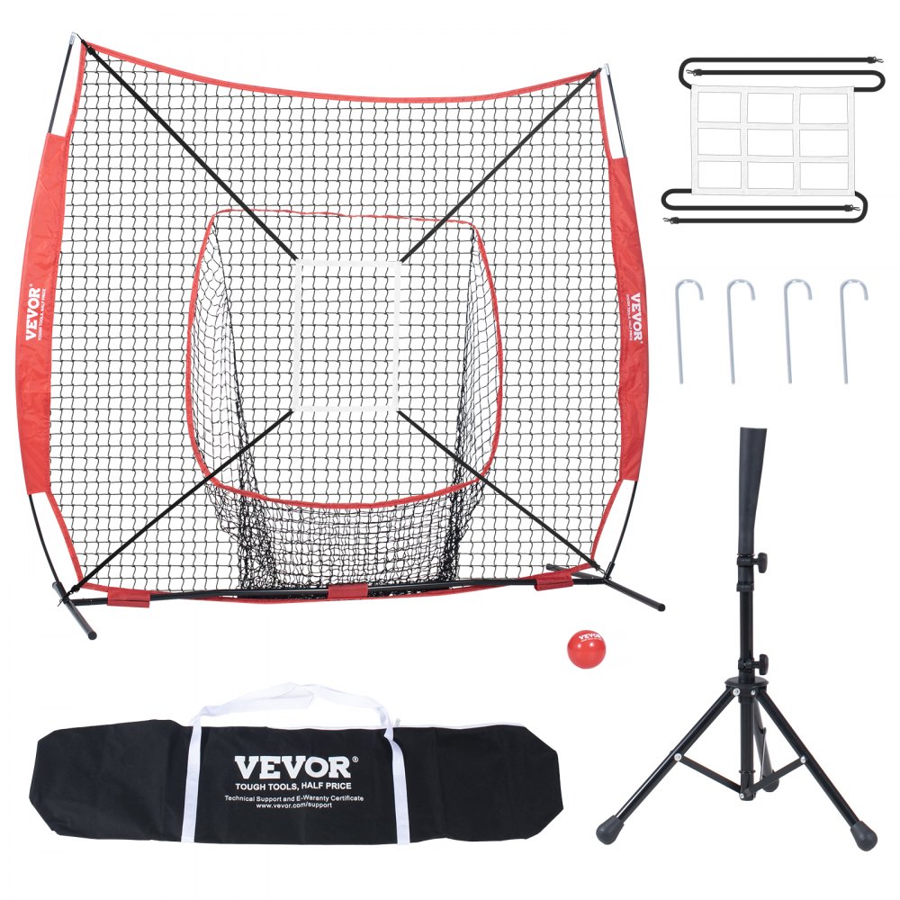 VEVOR 7x7 ft Baseball Softball Practice Net, Portable Baseball Training Net for Hitting Batting Catching Pitching, Backstop Baseball Equipment with Bow Frame, Carry Bag, Strike Zone, Ball, Batting Tee - 77YCDPJXLW77KXG8YV0