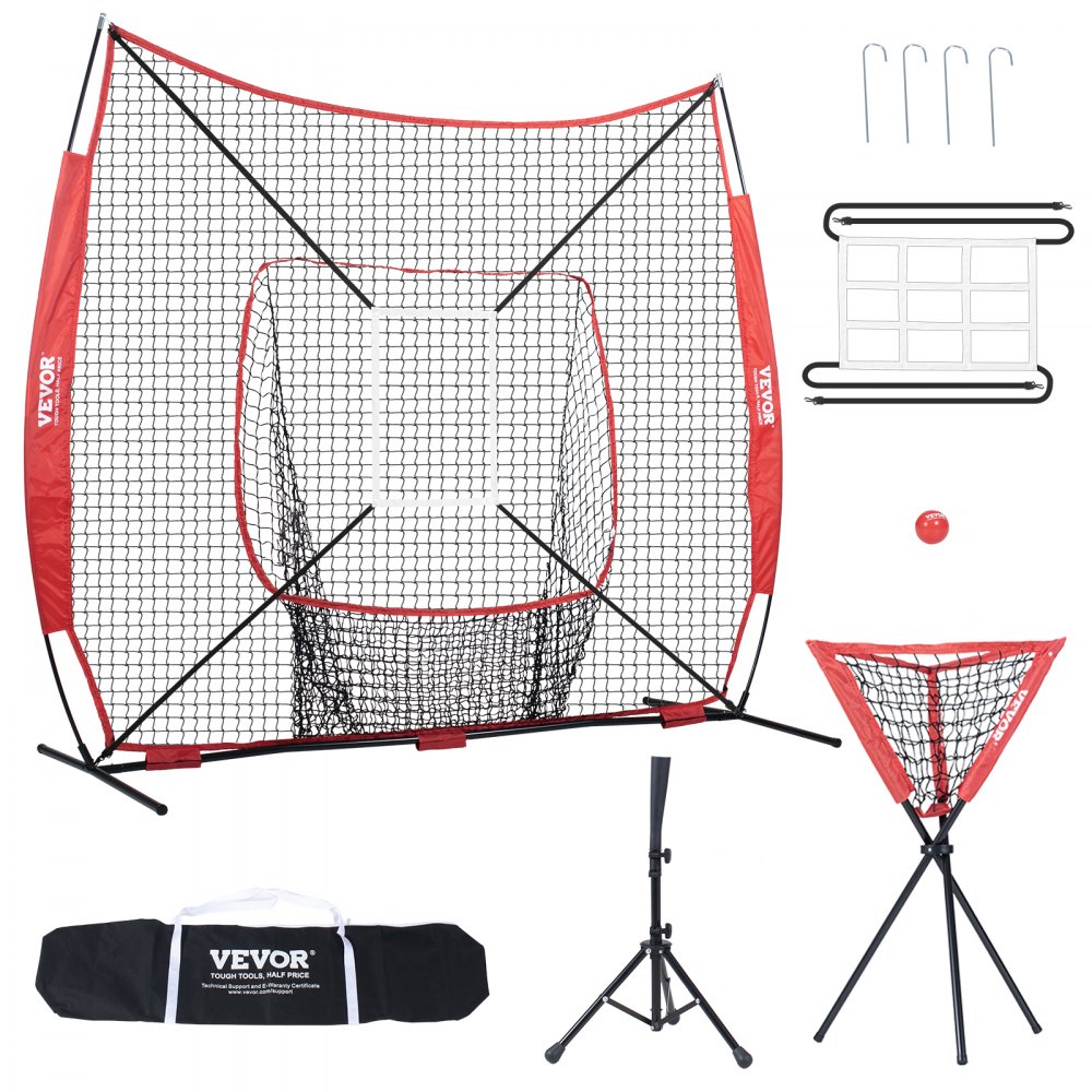 VEVOR 7x7 ft Baseball Softball Practice Net, Portable Baseball Training Net for Hitting Catching Pitching, Backstop Baseball Equipment with Bow Frame, Carry Bag, Strike Zone, Ball, Tee, Ball Collector - 77YCDPJXLW77G44GZV0