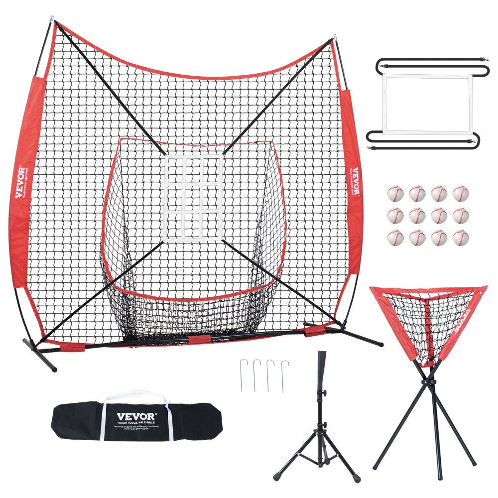 VEVOR 7x7 ft Baseball Softball Practice Net, Portable Baseball Training Net for Hitting Catching Pitching, Backstop Equipment with Bow Frame, Carry Bag, Strike Zone, 12 Balls, Tee, and Ball Collector - 77YCDPJXLW77Z9CFSV0