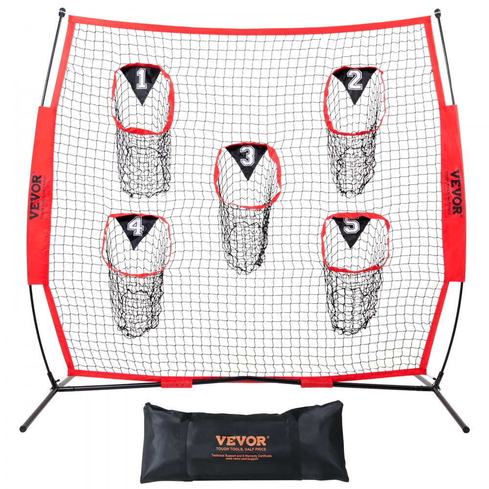 VEVOR 8 x 8 ft Football Trainer Throwing Net, Training Throwing Target Practice Net with 5 Target Pockets, Knotless Net Includes Bow Frame and Portable Carry Case, Improve QB Throwing Accuracy, Red - GLQW88YC0000RHWMZV0