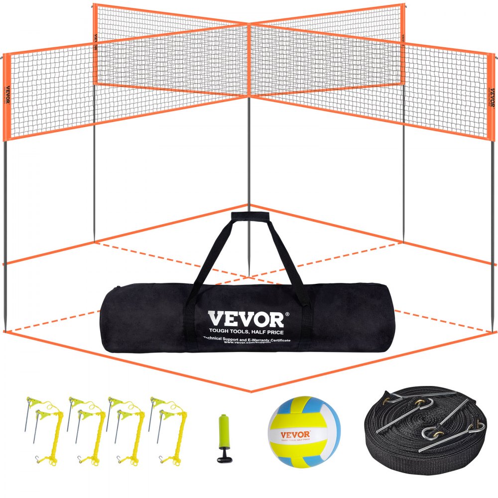 VEVOR 4-Way Volleyball Net, Adjustable Height Badminton Net Set for Backyard Beach Lawn, Outdoor Portable Volleyball Net with Carrying Bag, 4 Square Quick Assemble Game Set For Kids And Adults - SFPQW1414YC0XFM07V0