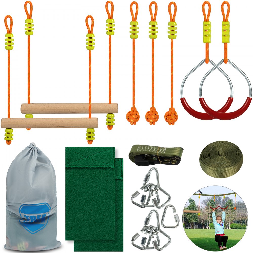 VEVOR Ninja Warrior Obstacle Course for Kids, 36FT Ninja Line Slackline with Gym Rings, Monkey Bars, Rope Knots, Portable Outdoor Ninja Course Training Equipment Set for Backyard - YDSDSTZ36FT000001V0