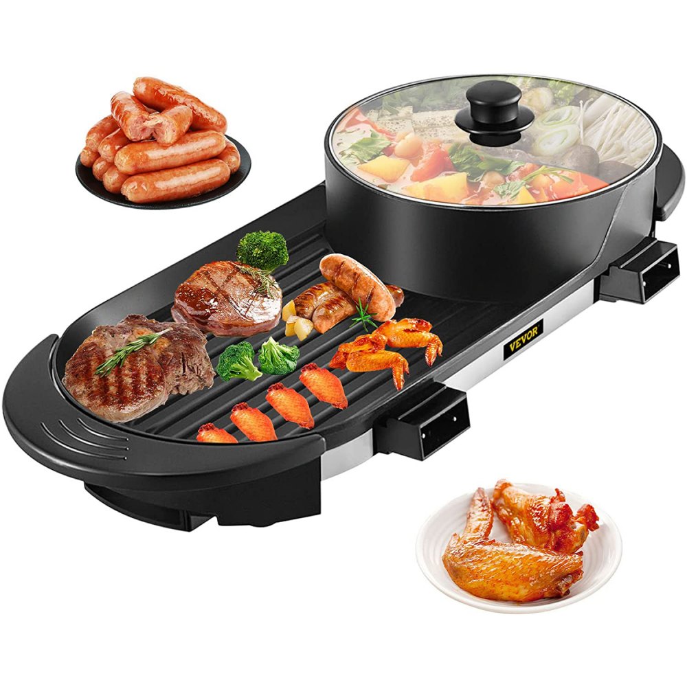 VEVOR 2 in 1 BBQ Grill and Hot Pot with Divider, Aluminum Alloy Electric BBQ Stove Hot Pot, Separate Dual Thermostat Teppanyaki Grill Pot with 5 Speed, for Family Dinner Friends Party Black - DGNH2400W110VQVVFV1