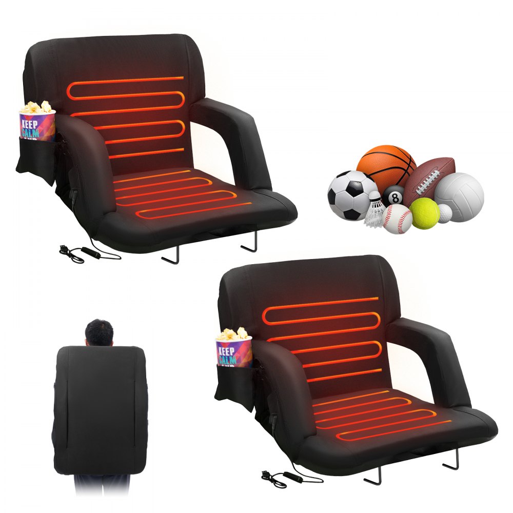 VEVOR Double Heated Stadium Seat with Back Support, 3 Level Heating Wide Bleacher Seat, Folding Portable Padded Reclining Chair with Hook Pocket Cupholder, Ideal for Sport Event Beach Concert (2 Set) - JRTYGZY2PCSJ2Q193V9