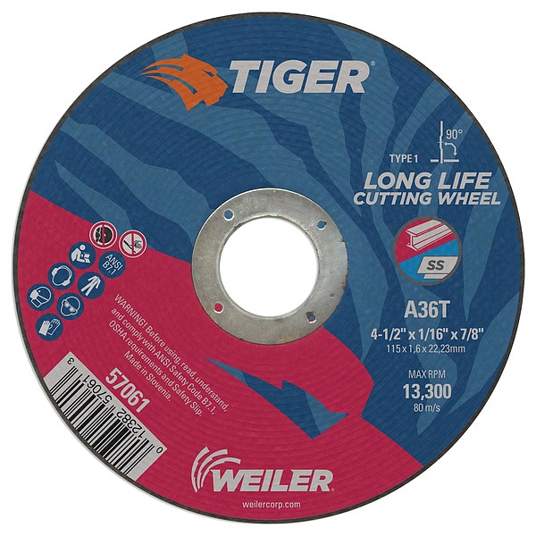 Rueda de corte tipo 1 Tiger AO de 4-1/2" x 1/16" A36T 7/8" A.H. - 57061
