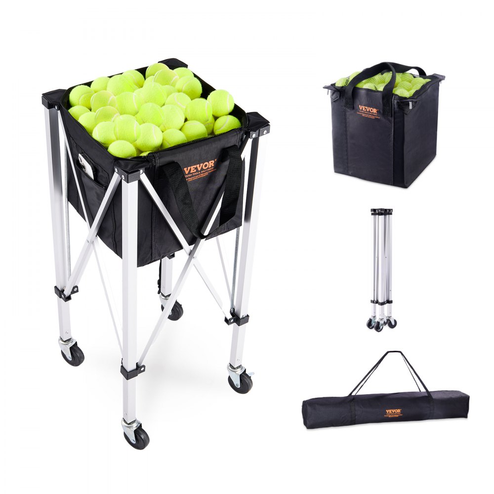 VEVOR Foldable Tennis Ball Hopper, Holds 180 Tennis Balls, Lightweight Aluminum Alloy Tennis Ball Basket Cart with Wheels, Removable Bag, Carry Bag, Portable Sports Teaching Cart for Tennis Player - KZDBXSWQTC182488OV0