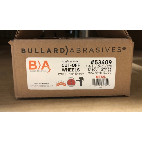 Rueda de corte Bullard Abrasives, 4-1/2 x .045 x 7/8 T1, paquete de 25 unidades - 53409