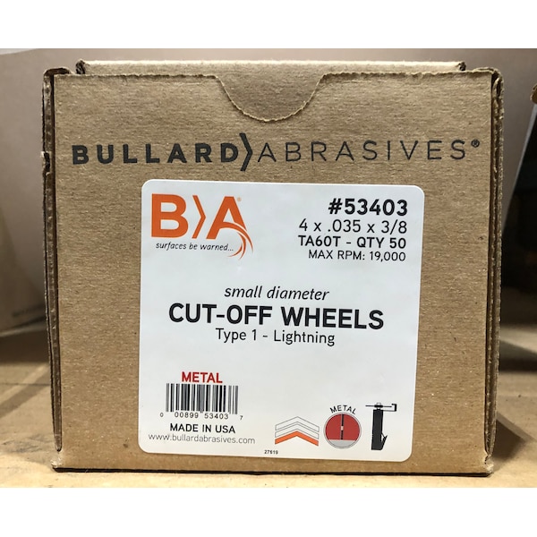 Bullard Abrasives Rueda De Corte De Pequeño Diámetro, 4 x .035 x 3/8 T1, Paquete de 50 - 53403