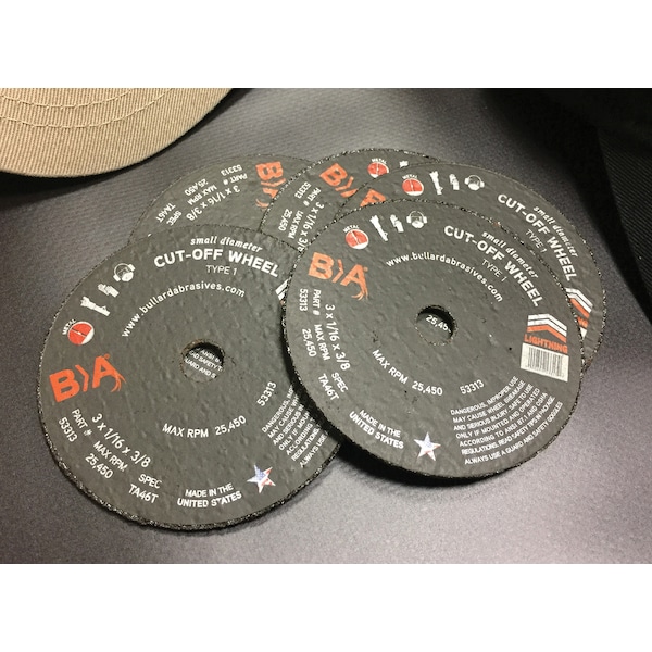 Rueda de corte de pequeño diámetro de Bullard Abrasives, 3 x 1/16 x 3/8 T1, paquete de 50 - 53313
