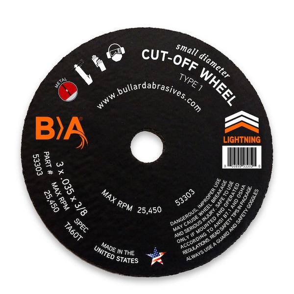 Rueda de corte de pequeño diámetro de Bullard Abrasivos, 3 x .035 x 3/8 T1, paquete con 50 piezas - 53303