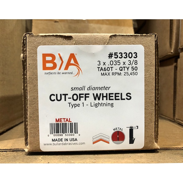Rueda de corte de pequeño diámetro de Bullard Abrasivos, 3 x .035 x 3/8 T1, paquete con 50 piezas - 53303