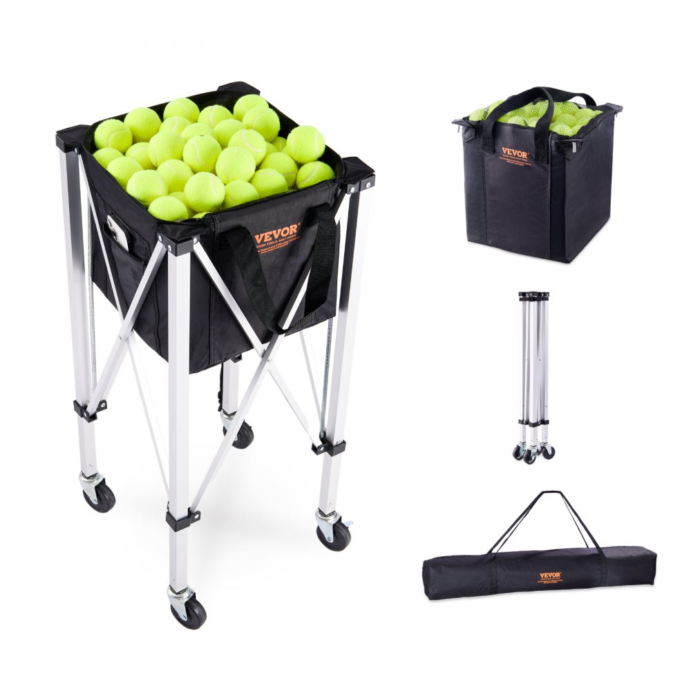 VEVOR Foldable Tennis Ball Hopper, Holds 150 Tennis Balls, Lightweight Aluminum Alloy Tennis Ball Basket Cart with Wheels, Removable Bag, Carry Bag, Portable Sports Teaching Cart for Tennis Player - KZDBXSWQTC1535M1IV0