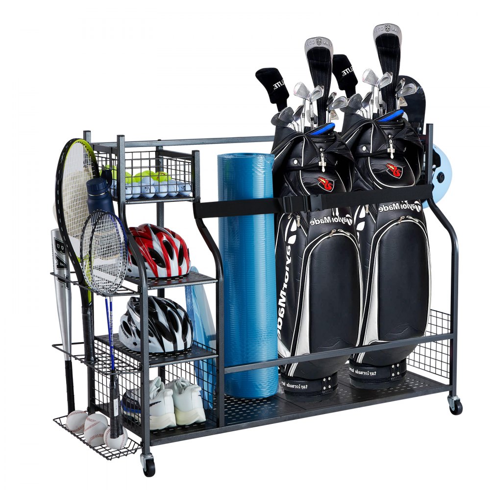 VEVOR Golf Storage Garage Organizer, 3 Golf Bag Stand Holder and Other Sports Equipment Storage Rack, Rolling Ball Cart on Wheels, Outdoor Sport Gear and Toy Storage with Baskets & Hooks, Steel, Black - GEFSNJHSS4G3RW6OGV0