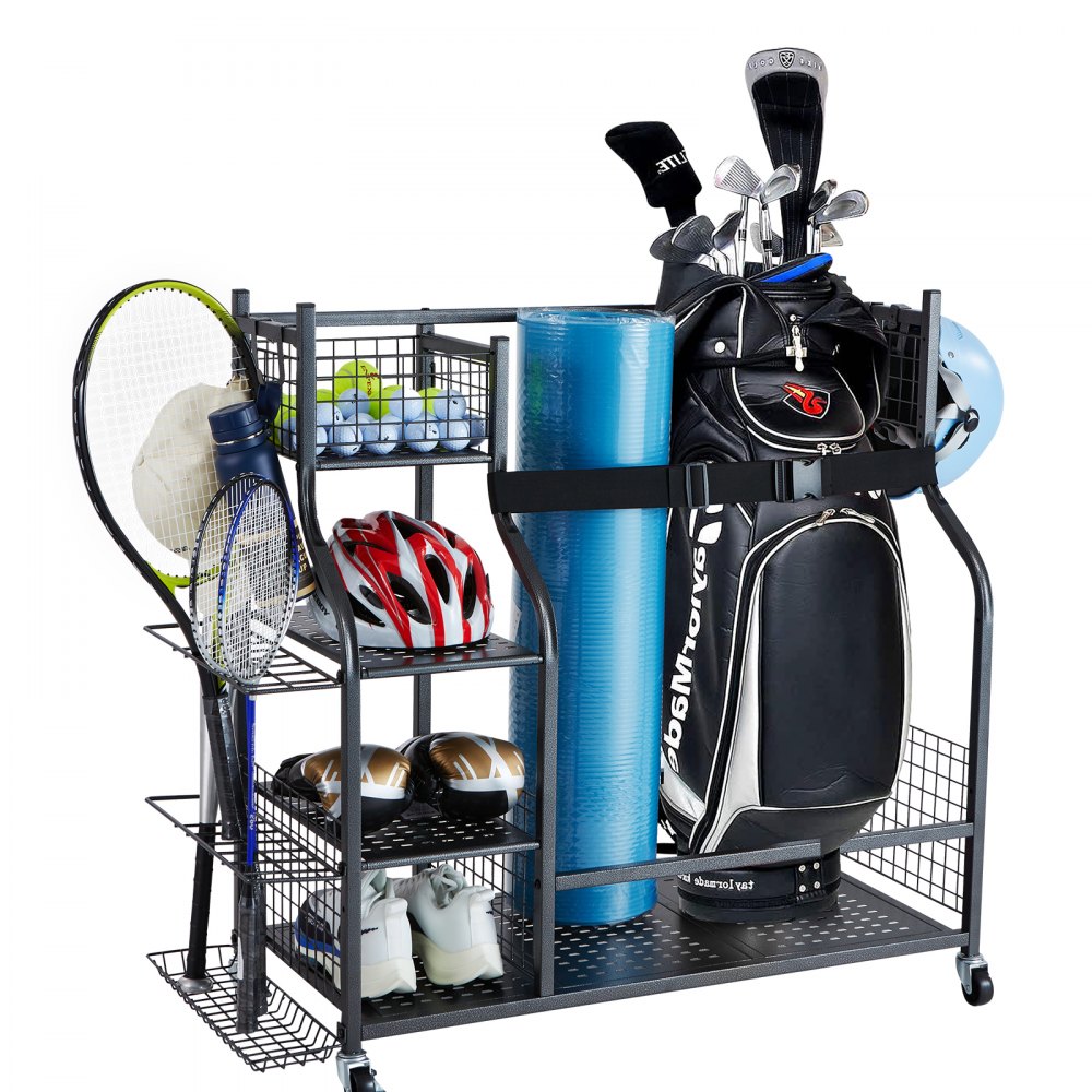 VEVOR Golf Storage Garage Organizer, 2 Golf Bag Stand Holder and Other Sports Equipment Storage Rack, Rolling Ball Cart on Wheels, Outdoor Sport Gear and Toy Storage with Baskets & Hooks, Steel, Black - GEFSNJHSS4G25AL4YV0